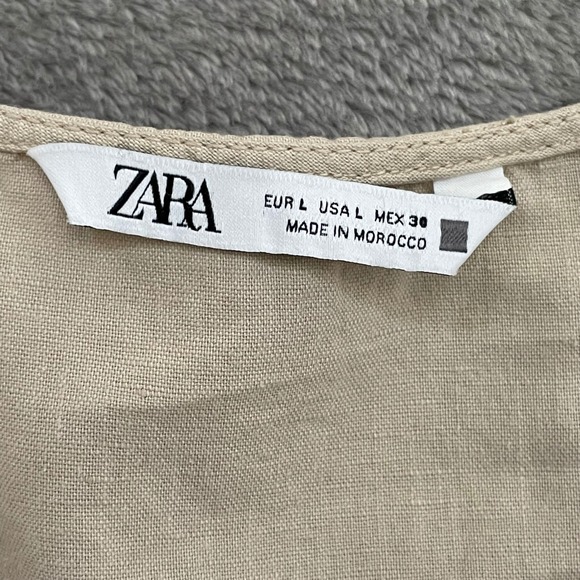 ZARA Beige Linen Blend Tiered Mini Dress V-Neck Puff Sleeve Tan Babydoll Large - Picture 2 of 5